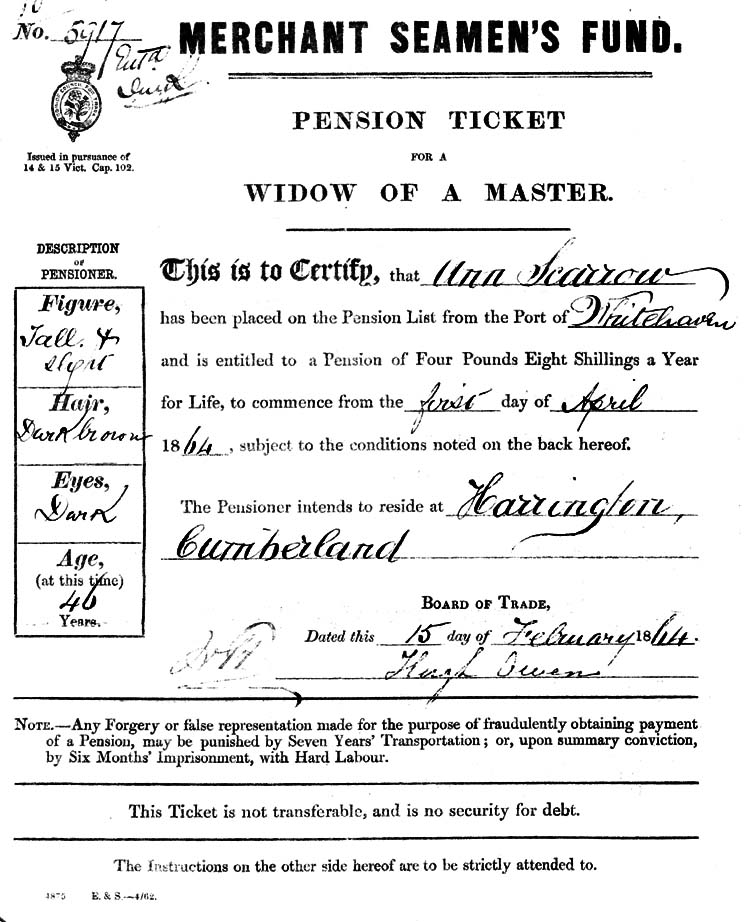 Seaman's Fund Ticket Ann Scarrow 1864